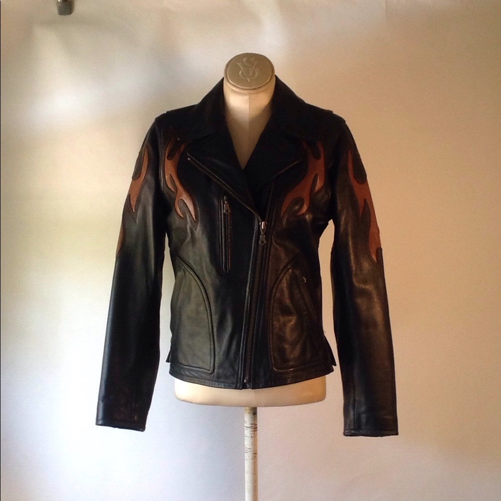 Vintage Black Leather Harley-Davidson Biker Jacket “Snakeskin” Flames